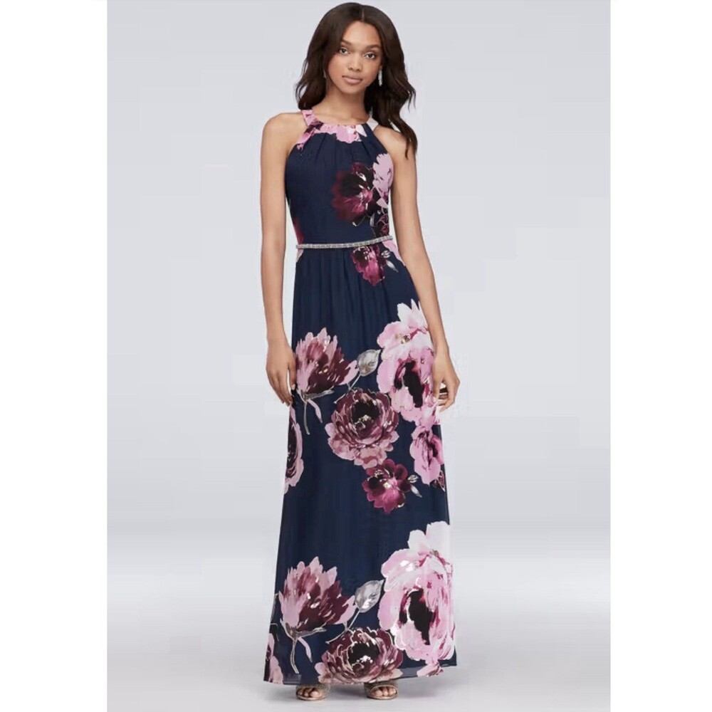 SLNY Floral Metallic Chiffon Halter Maxi Dress - Navy/Pink - Size 12